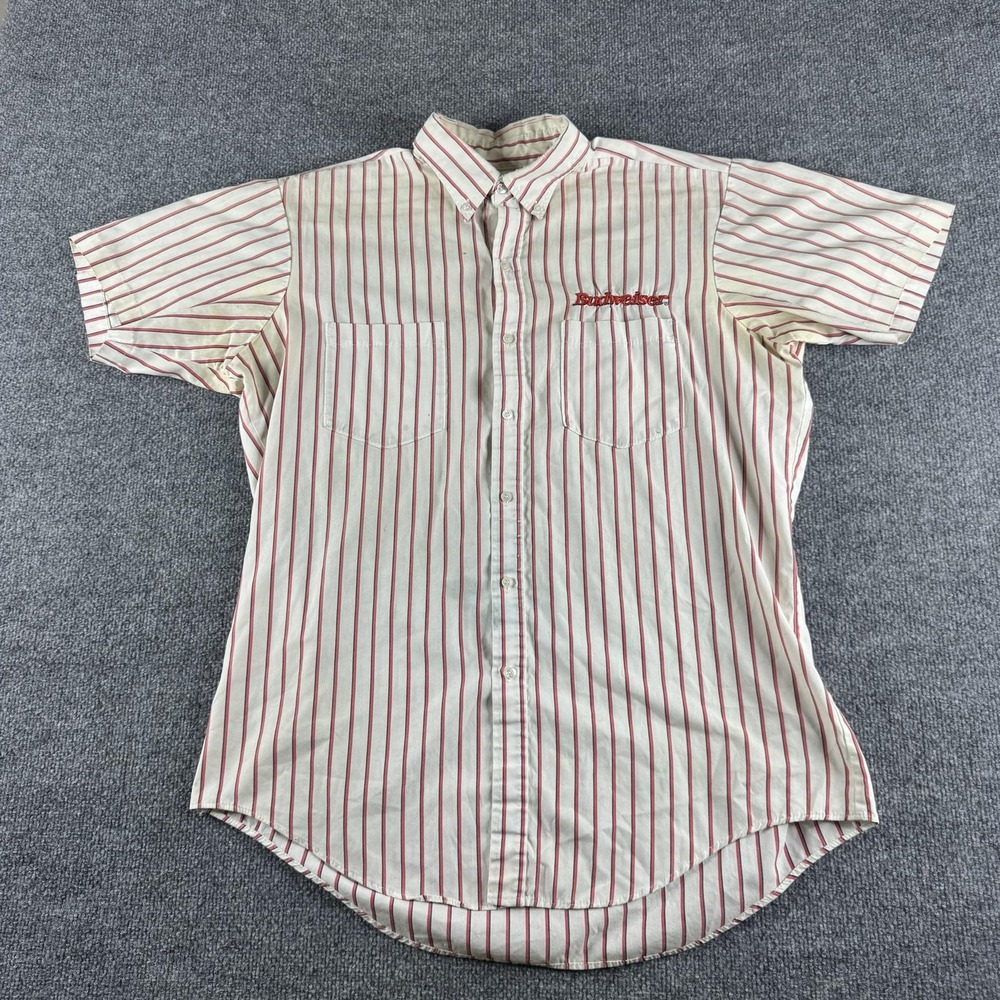 VINTAGE Budweiser Shirt Mens XL White Stripe Short Sleeve Button Up Beer Logo